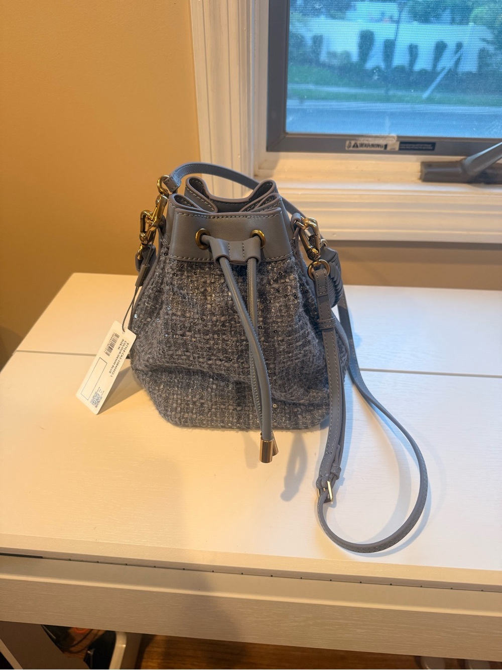 NWT Charles & Keith Denim Blue Tweed Drawstring Crossbody Bucket Bag